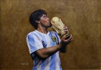 Diego Armando Maradona El Beso - Oil On Canvas Paintings - By Eloy F Calleja, Realism Painting Artist