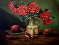 Roses And Pomegranates - Oil On Canvas Paintings - By Jozi Mesaros, Realism Painting Artist