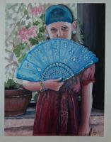 Girl With Fan - Acrylic Paintings - By Anne Parker, Self Taught Painting Artist