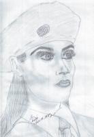 Soldier Girl - Pencil  Paper Drawings - By Berine Thompson, Black  White Drawing Artist