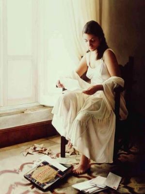 Symbolic Realism - Reading Old Letters Leyendo Unas Cartas Viejas 1999 - Oil On Wood