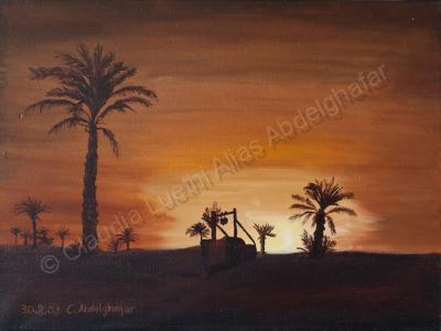 Oil Painting On Canvas - Oasis While Sunset - Oil Colour On Canvas