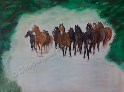 Oil Painting On Canvas - Young Wild Herd Of Horses - Oil Colour On Canvas