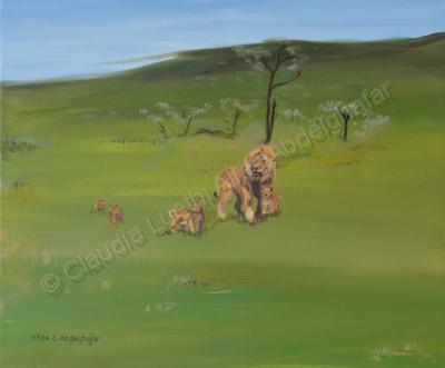 Oil Painting On Canvas - Lions Family - Oil Colour On Canvas