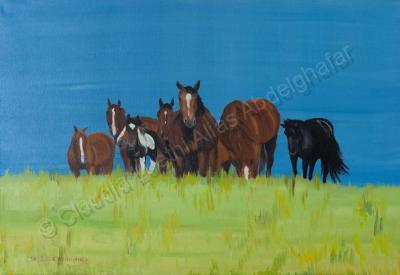 Oil Painting On Canvas - Herd Of Horses Relaxing - Oil Colour On Canvas