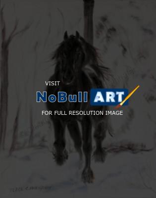 Oil Paintings On Velvet - Friesan Horse In Winter - Oil Colour On Velvet