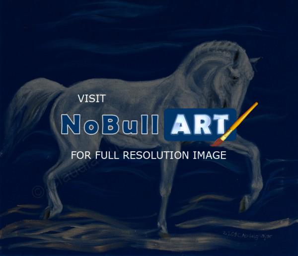 Oil Paintings On Velvet - White Horse On Blue Velvet - Oil Colour On Velvet
