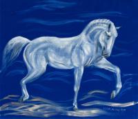 White Horse On Blue Velvet - Oil Colour On Velvet Paintings - By Claudia Luethi Alias Abdelghafar, Realistic Painting Artist