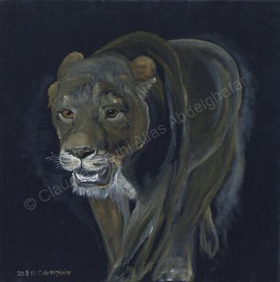 Oil Paintings On Velvet - Lion Female Walking - Oil Colour On Velvet