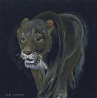 Lion Female Walking - Oil Colour On Velvet Paintings - By Claudia Luethi Alias Abdelghafar, Realistic Painting Artist