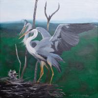 Oil Painting On Canvas - Grey Herons Family - Oil Colour On Canvas