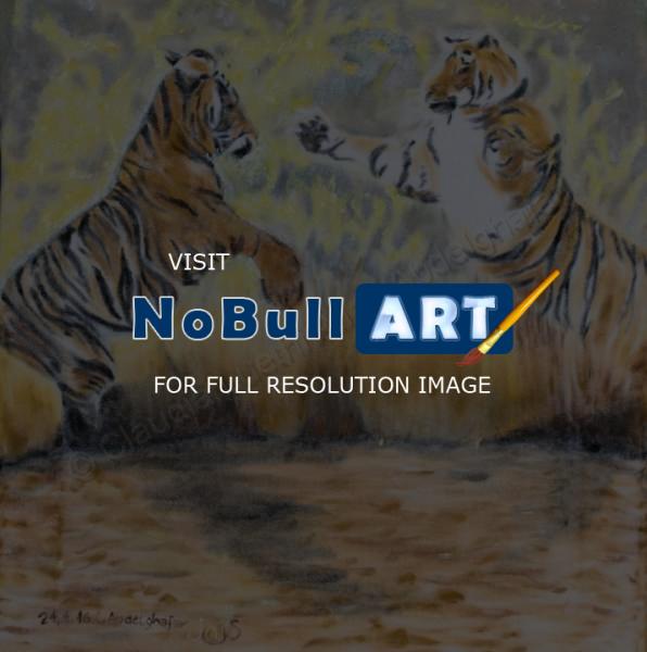 Oil Paintings On Velvet - Two Tigers Fighting - Oil Colour On Velvet