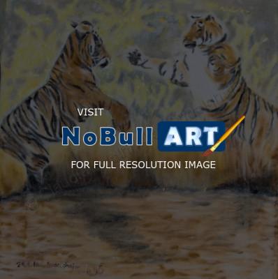 Oil Paintings On Velvet - Two Tigers Fighting - Oil Colour On Velvet