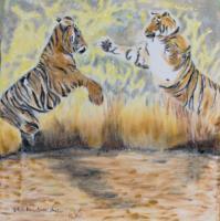 Two Tigers Fighting - Oil Colour On Velvet Paintings - By Claudia Luethi Alias Abdelghafar, Realistic Painting Artist