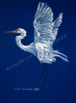 Oil Paintings On Velvet - White Heron In Flight - Oil Colour On Velvet