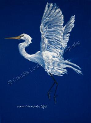 Oil Paintings On Velvet - White Heron - Oil Colour On Velvet