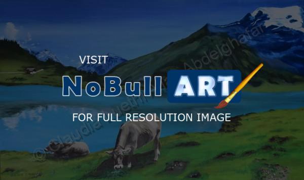 Oil Painting On Canvas - Swiss Landscape With Cows - Oil Colour On Canvas