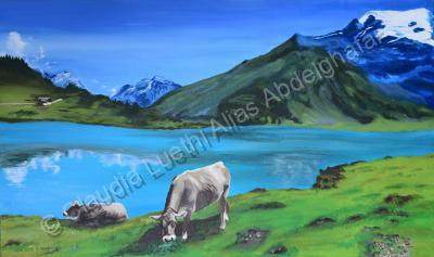 Oil Painting On Canvas - Swiss Landscape With Cows - Oil Colour On Canvas