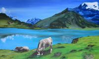 Oil Painting On Canvas - Swiss Landscape With Cows - Oil Colour On Canvas
