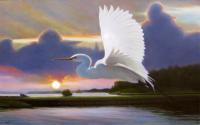 Birds And Waterfront - Great White Egret At Sunrise - Oil On Canvas