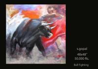 Bull Fighting - Acrylic Paintings - By Gopal Sharma, Bull Painting Artist