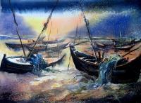 Boats 1 - Watercolor Paintings - By Sumit Datta, Dramatic Realism Painting Artist
