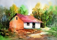 Rural House - Watercolor Paintings - By Sumit Datta, Realism Painting Artist
