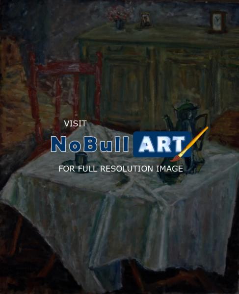 Still Life - Teapot On A With Tablcloth - Oil On Canvas