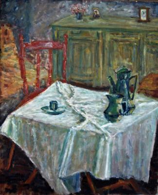 Still Life - Teapot On A With Tablcloth - Oil On Canvas