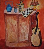 Still Life On The Wardrobe Teapot Chess Flowers - Oil On Canvas Paintings - By Miroslav Damevski, Art Modern Painting Artist