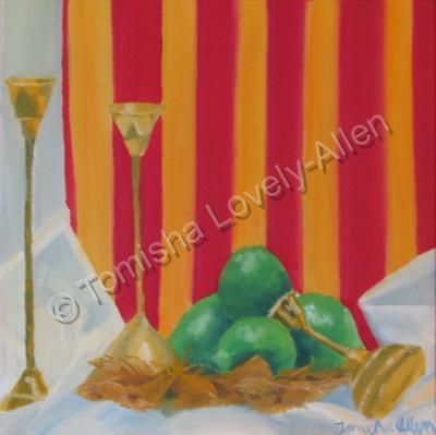 Still Life - Brass Candle Holders And Limes - Oil On Canvas