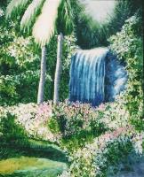 Tropical Waterfall - Acrylic Paintings - By M L Harrell, Realistic Painting Artist
