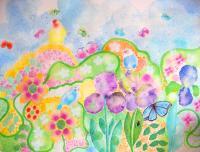 Original Watercolor Spring 2010 Flowers And Blue Sky - Watercolor Paintings - By Gemma Orte, Puntillism Expressionism Painting Artist