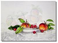 Cherries Peaches And Lace - Watercolor Paintings - By I Joseph, Realism Painting Artist