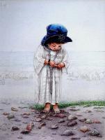Pearls Shells Lonely Girl - Watercolor Paintings - By I Joseph, Realism Painting Artist