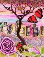 Butterflies In The City - Acry Color Pen Pencil Watercol Paintings - By Ron Kendall, Figurative Painting Artist