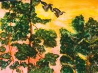 Happy Trees Sunset - Watercolors Paintings - By Lu Brown, Freeform Painting Artist