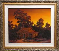 Landscape Sunset - Pioneers Log Cabin - Oil Paint
