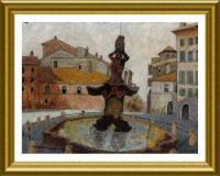 Oneallovertheworld - Triton Fountain In Rome-Italy On Late 800 - Colored Pencils On Textil
