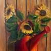 Sunflowers In Red Watering Can - Oils On Canvas Paintings - By Susan Dehlinger, Traditional Painting Artist