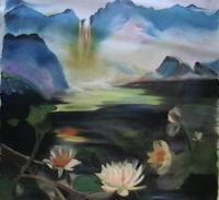 Lotuses Say-What A View - Oil On Canvas Paintings - By Nalini Bhat, Spontaneous Creativity Painting Artist