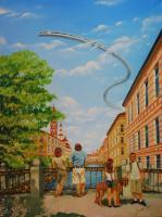 Sky Train - Oil On Canvas Paintings - By Sana Zee, Surrealism Transrealism Painting Artist