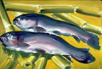 Two Fishes On Bamboo-Cane - Watercolor Paintings - By Heinz Sterzenbach, Realism Painting Artist