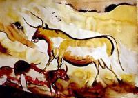 Big Bull With Red Cows - Watercolor Paintings - By Heinz Sterzenbach, Figurativ Painting Artist