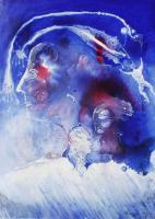 Vu 137 Head In Blue - Ferroprint Paintings - By Heinz Sterzenbach, Surrealism Painting Artist