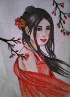 Girl In Red - Colour Pencils Drawings - By Cheena Kaushal, Colour Pencil Sketch Drawing Artist