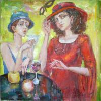 In Caffee - Oil Canvas Paintings - By Oleg Poberezhnyi, Impressionism Painting Artist
