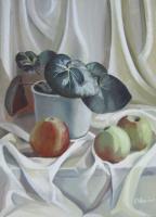Apples And Plant - Acrylic Paintings - By Elena Oleniuc, Realism Painting Artist