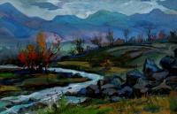 Evening In The Gorge - Gouache On Cardboard Paintings - By Gegham Asatryan, Impressionism Painting Artist
