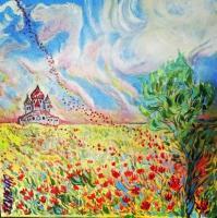 Church In A Field Of Poppies - Acrylic Paintings - By Jennifer Christy-Vient, Impressionism Painting Artist